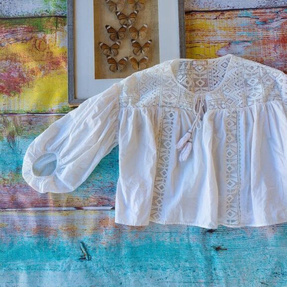 Anthropologie Eri + Ali White Crochet Lace Oversized Peasant Top Small - Picture 6 of 10